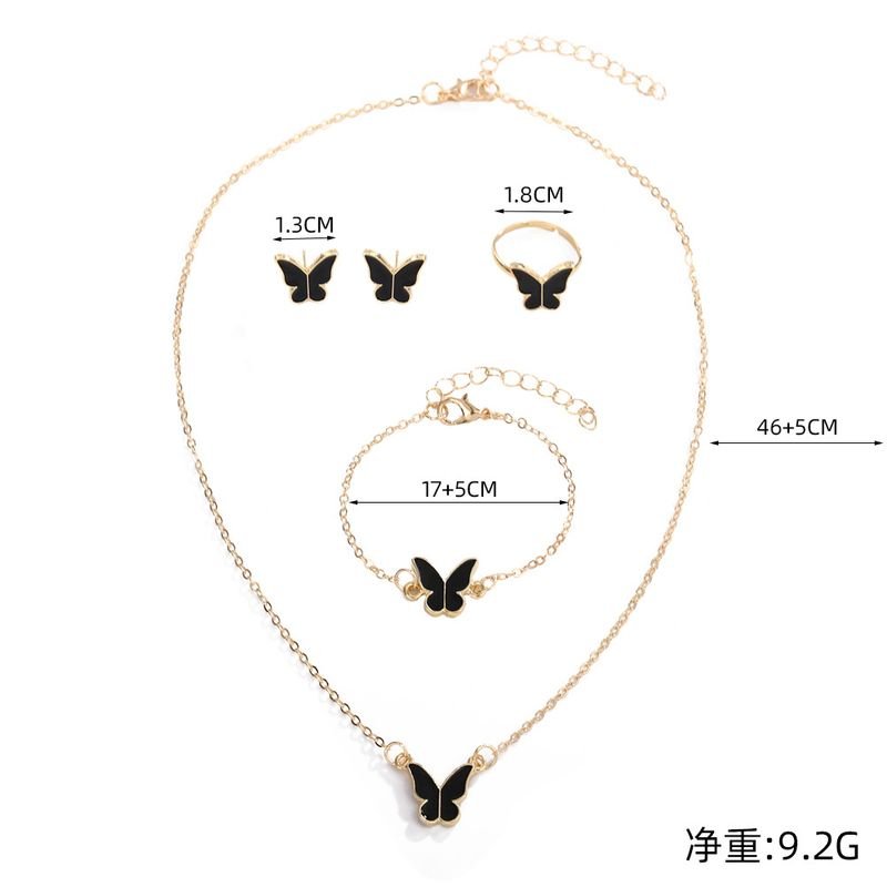 Women Simple Fashion Dropping Oil Butterfly Necklace Earrings Bracelet Ring Four-Piece Set