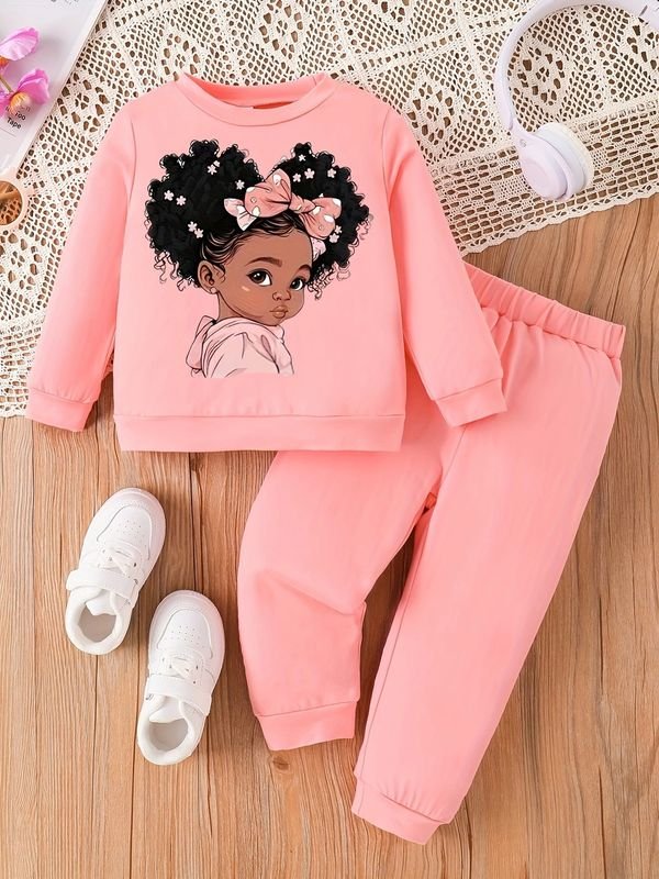 Kids Baby Girls Casual Cute Cartoon Print Long Sleeve T-Shirt Trousers Sets