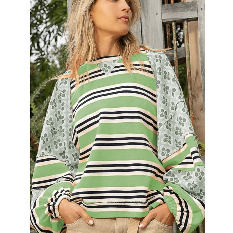 Autumn Winter Women Fashion Stripe Floral Printed Loose Round Neck Long Sleeve Sweatshirt