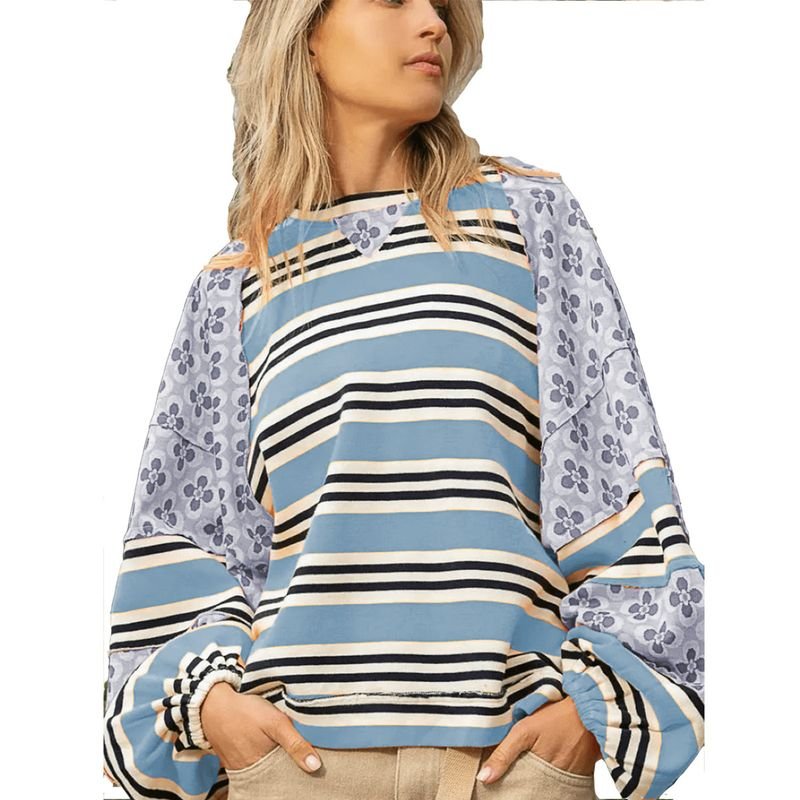 Autumn Winter Women Fashion Stripe Floral Printed Loose Round Neck Long Sleeve Sweatshirt