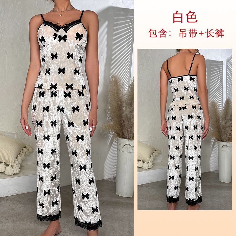 Women Fashion Sexy Bow Print Lace Sling Gold Velvet Pajamas Set