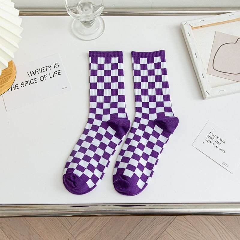 Women Simple Multicolor Checkerboard Socks