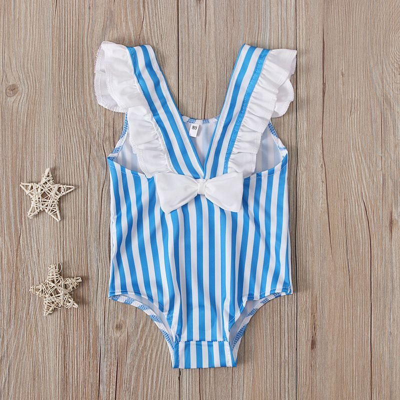 Children Kids Baby Fashion Girls Stripe Backless Bow One-Piece Swimsuit