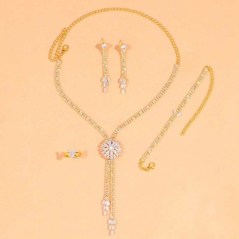 Women Fashion Simple Floral Zircon Necklace Earrings Bracelet Ring Jewelry Set