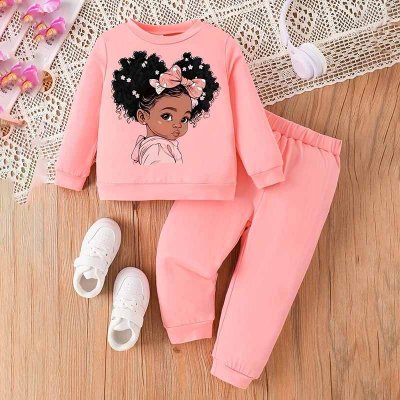 Kids Baby Girls Casual Cute Cartoon Print Long Sleeve T-Shirt Trousers Sets