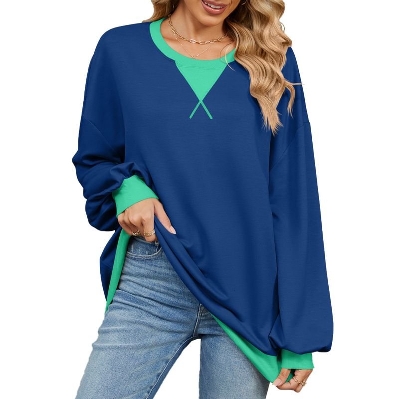 Women Fashion Simple Color Block Crewneck Long Sleeve Sweatshirt