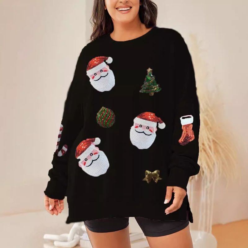 Women Fashion Christmas Tree Santa Claus Sequin Round Neck Long Sleeve Sweatshirt