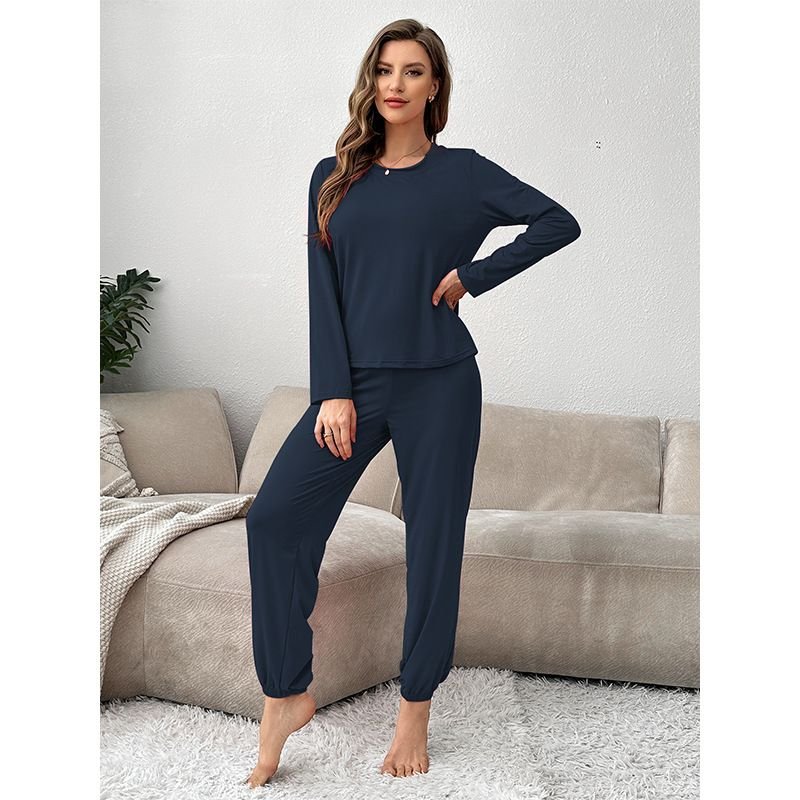 Women Casual Solid Color Long Sleeve Top And Pants Pajamas Two-Piece Set