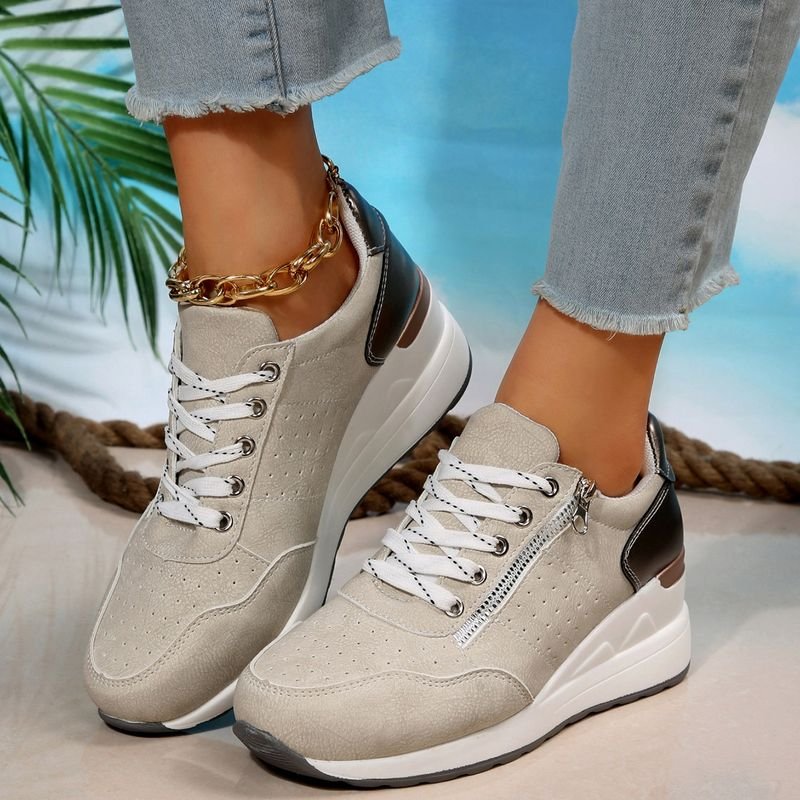 Women Casual Plus Size Round Toe Lace-Up Wedge Heel Sneaker