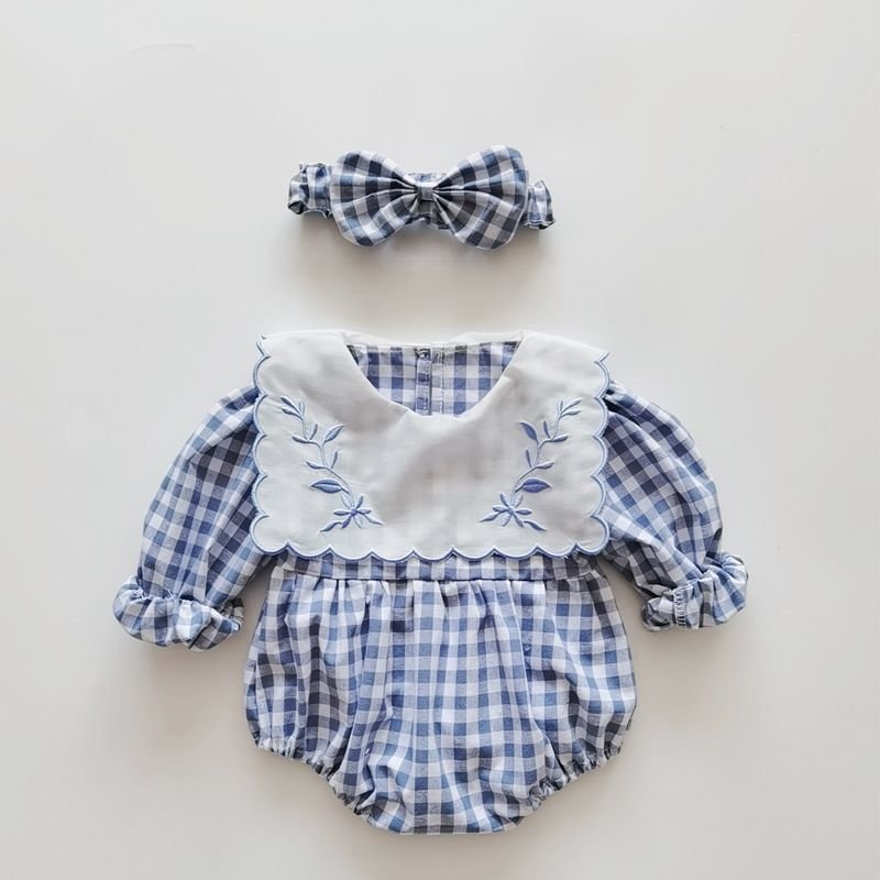 Kids Baby Girls Casual Cute Plaid Print Long Sleeve Peter Pan Collar Romper