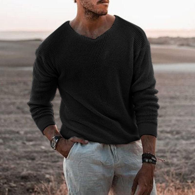 Men Knitwear Casual Loose V-Neck Long Sleeve Pullover Sweater