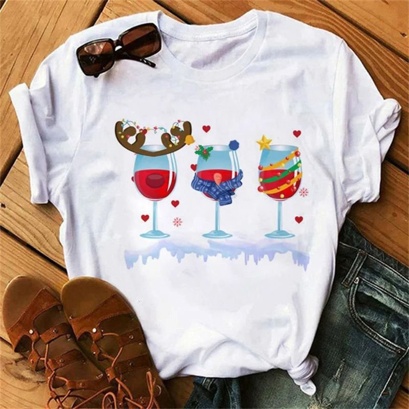 Summer Women Fashion Cartoon Christmas Wine Cup Christmas Hat Printed Round Neck Short Sleeve T-Shirt