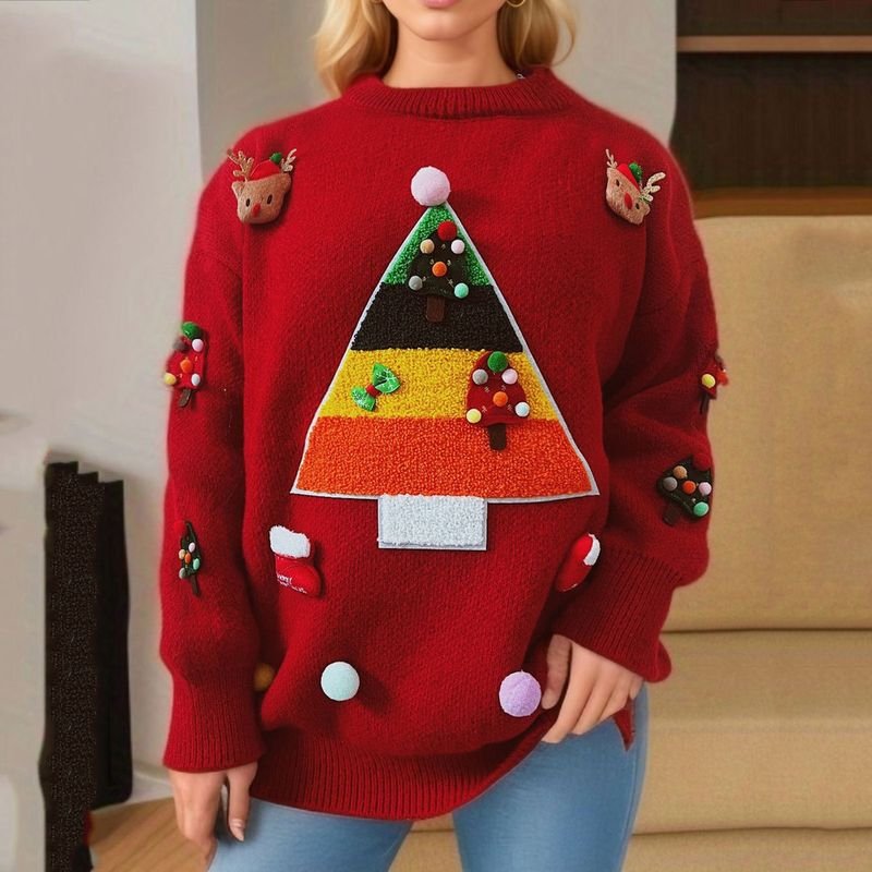 Women Fashion Three-Dimensional Christmas Tree Jacquard Decorative Crewneck Long Sleeve Knitted Sweater