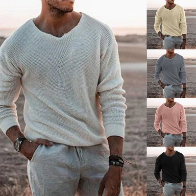 Men Knitwear Casual Loose V-Neck Long Sleeve Pullover Sweater