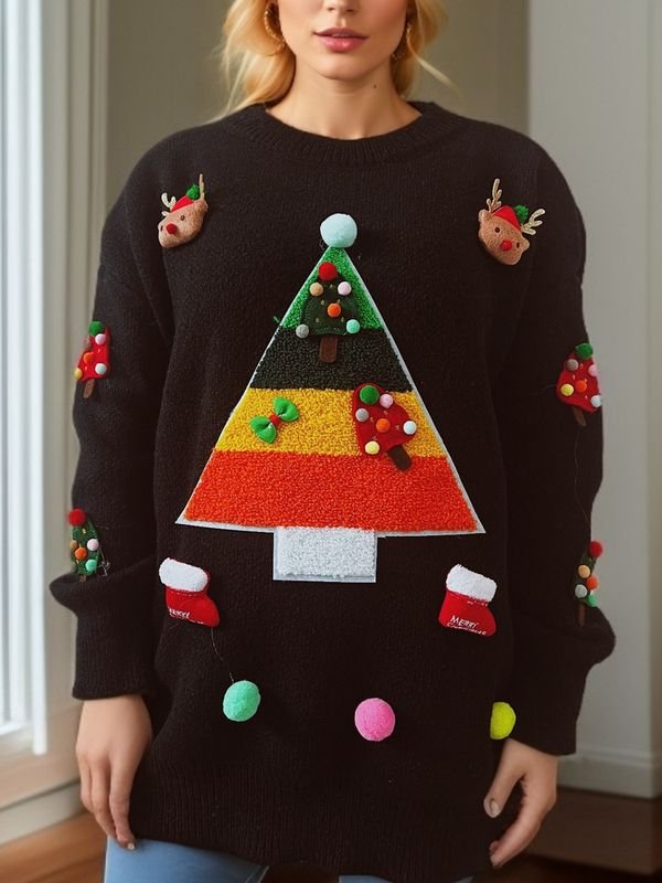 Women Fashion Three-Dimensional Christmas Tree Jacquard Decorative Crewneck Long Sleeve Knitted Sweater