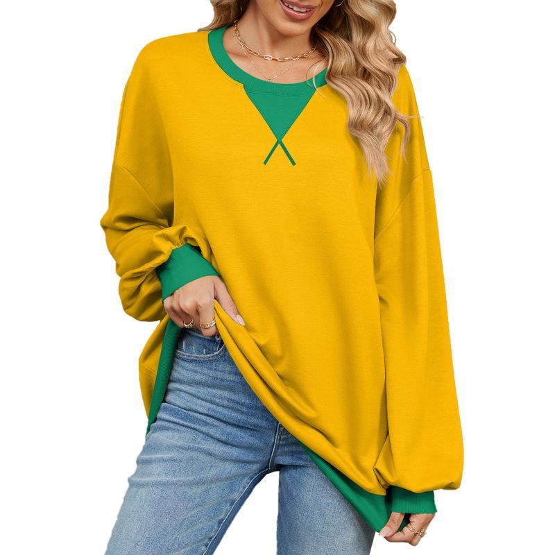 Women Fashion Simple Color Block Crewneck Long Sleeve Sweatshirt