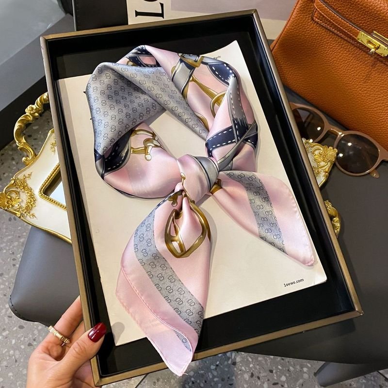 Women Fashion Stripe Letter Floral Print Square Silk Scarf