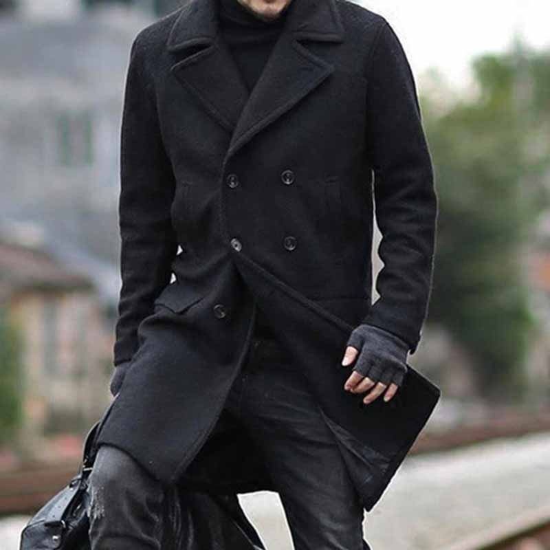 Men Fashion Casual Spring Autumn Basic Long Sleeve Lapel Woolen Trench Coat