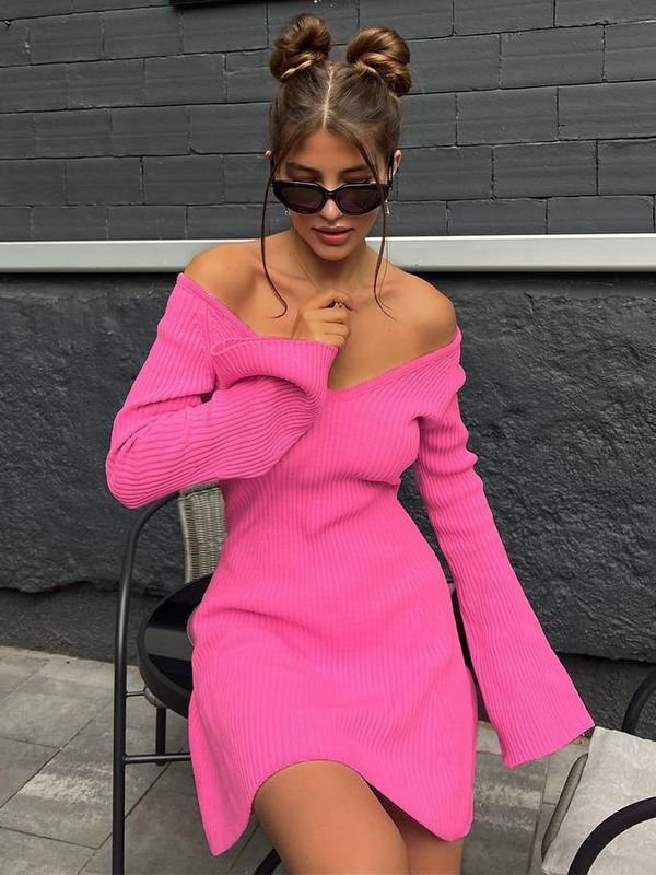 Autumn Winter Women Fashion Sexy Off Shoulder V-Neck Long Sleeve Knitted Dress