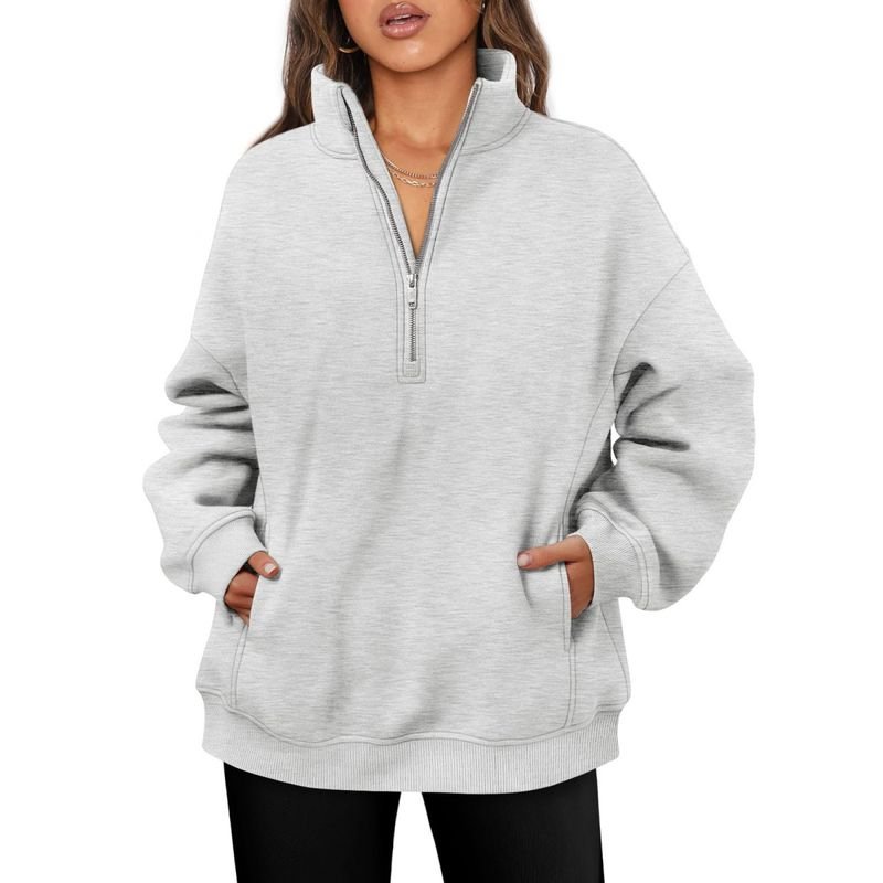 Women Fashionable Solid Color Thickened Long Sleeve Sweatshirt With Half Zip Collar