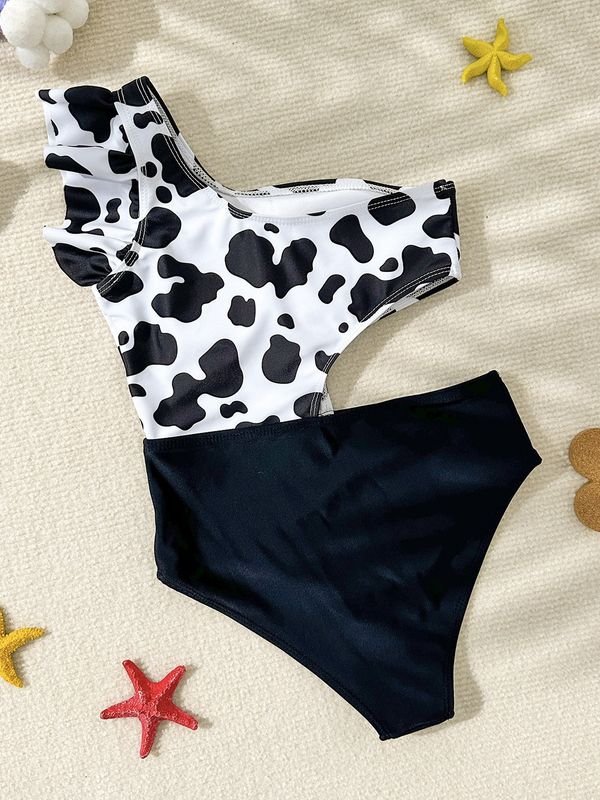 Kids Girls Casual Cute Print One-Shoulder One Piece Swimwear