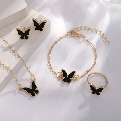 Women Simple Fashion Dropping Oil Butterfly Necklace Earrings Bracelet Ring Four-Piece Set