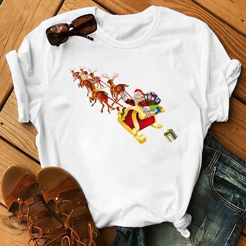 Summer Women Fashion Cartoon Christmas Snowman Santa Claus Print Round Neck Short Sleeve T-Shirt