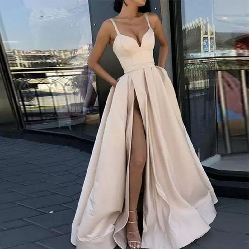 Women Elegant Sleeveless Solid Color Satin Simple Side-slit Dress