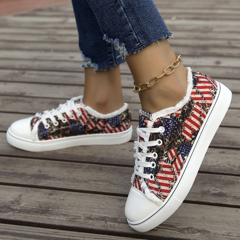 Summer Women Casual Plus Size Flag Star Stripe Print Round Toe Canvas Sneaker