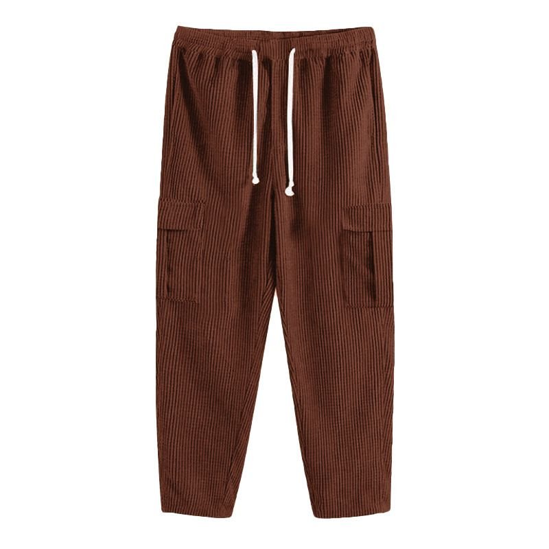 Men Spring Autumn Fashion Leisure Solid Color Rib-Knit Corduroy Wide Cargo Pants