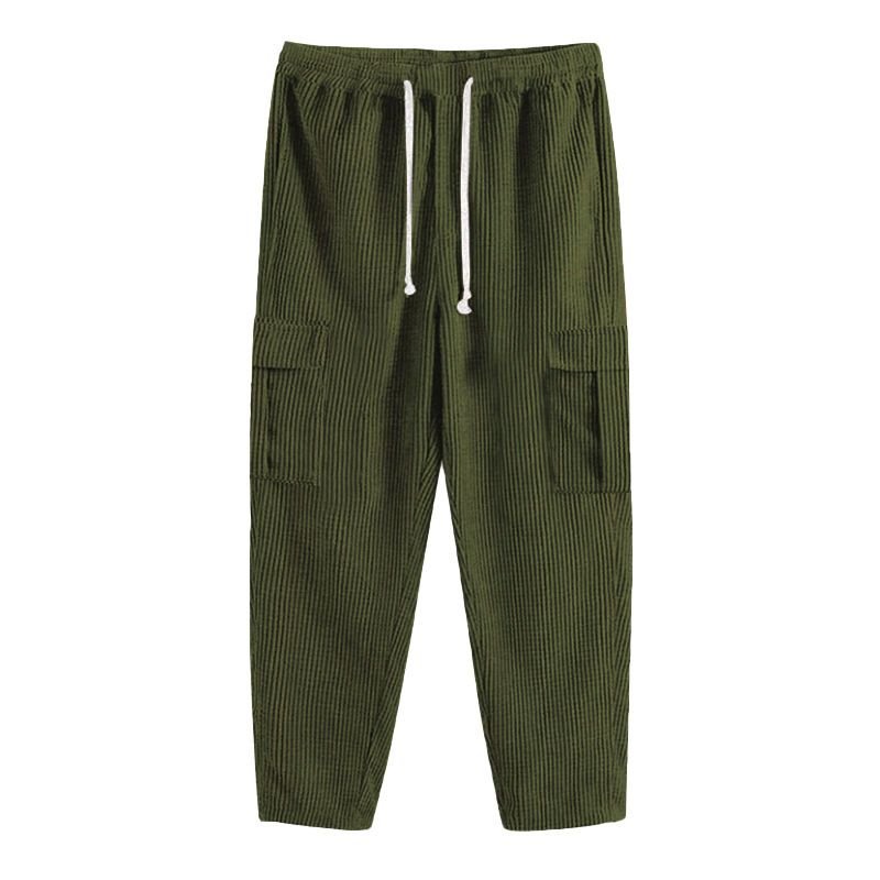 Men Spring Autumn Fashion Leisure Solid Color Rib-Knit Corduroy Wide Cargo Pants