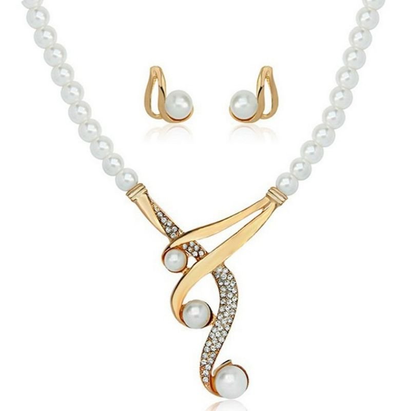 Women Fashion Creative Imitation Pearl Alloy Necklace Earrings Jewelry Set