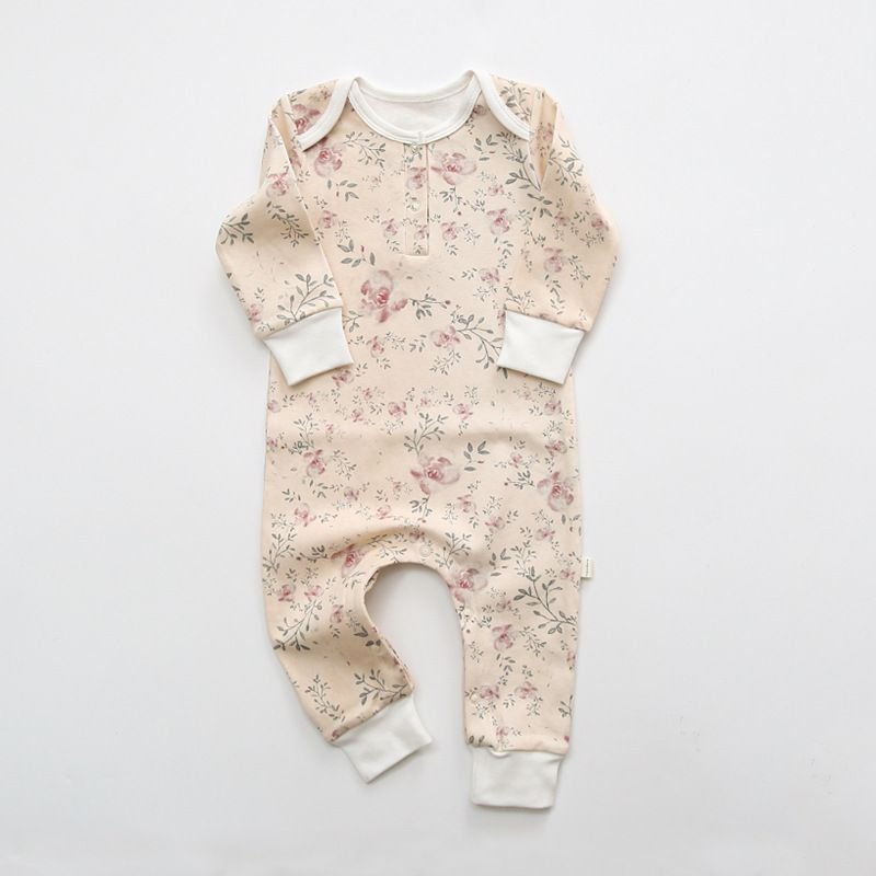 Baby Cute Round Neck Long Sleeve Floral All Over Print Jumpsuit