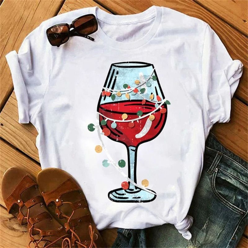 Summer Women Fashion Cartoon Christmas Wine Cup Christmas Hat Printed Round Neck Short Sleeve T-Shirt