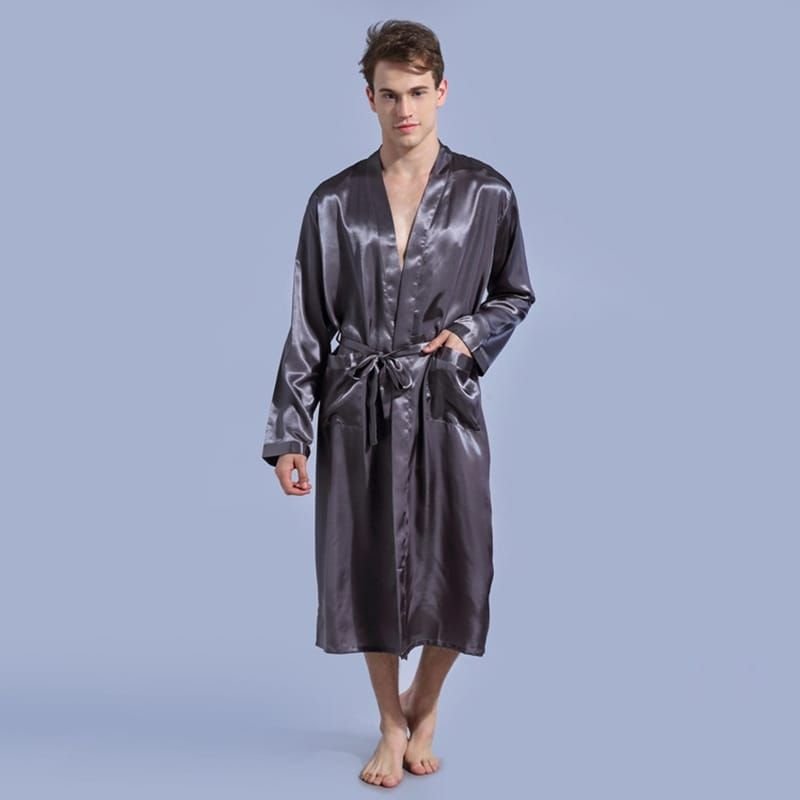 S-2XL Men Fashion Plus Size Solid Color Long Sleeve Cardigan Nightgown