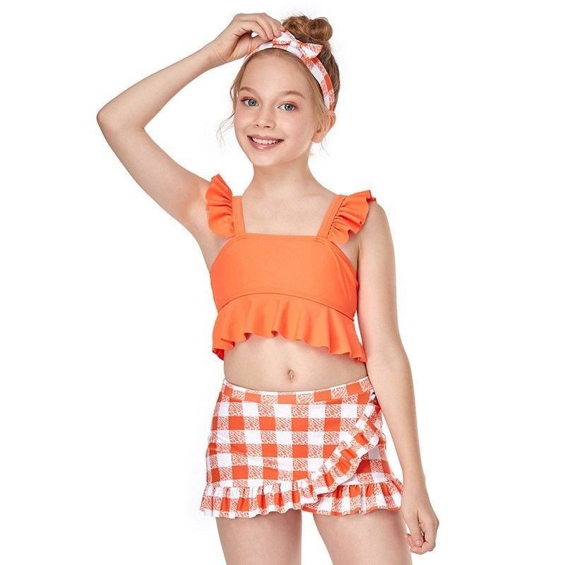 Children Fashion Plaid Print Ruffled Swimsuit Two-Piece Set