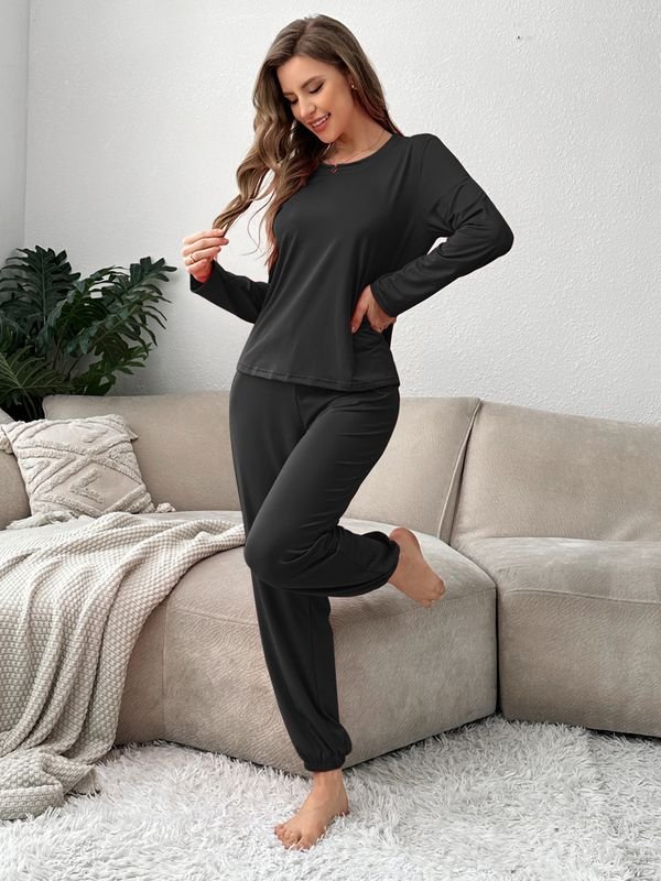 Women Casual Solid Color Long Sleeve Top And Pants Pajamas Two-Piece Set