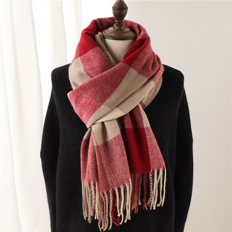 Autumn Winter Women Fashion Thickened Warm Plaid Tassel Scarf