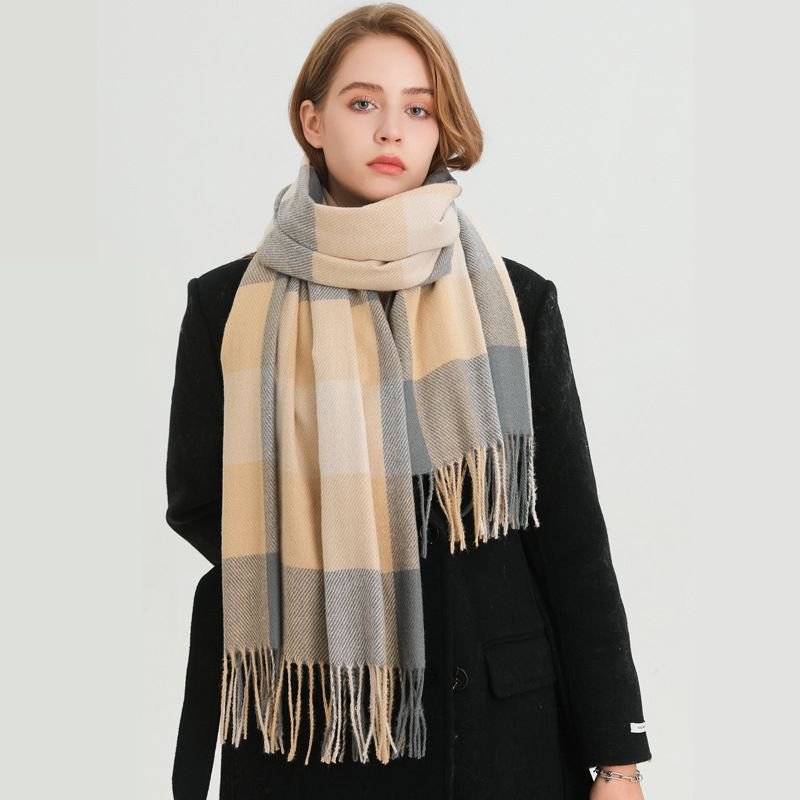 Autumn Winter Women Fashion Thickened Warm Plaid Tassel Scarf