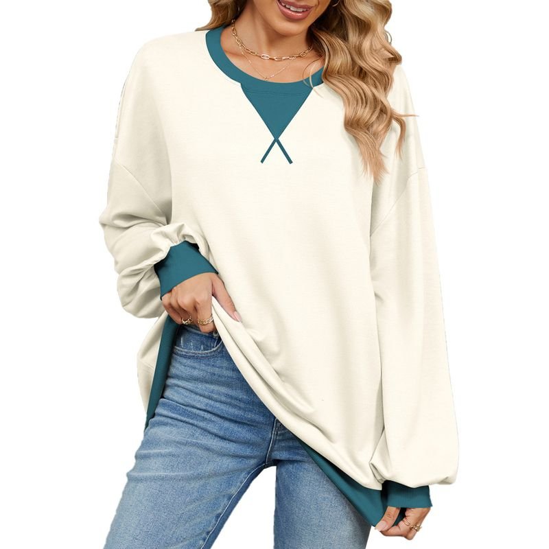 Women Fashion Simple Color Block Crewneck Long Sleeve Sweatshirt