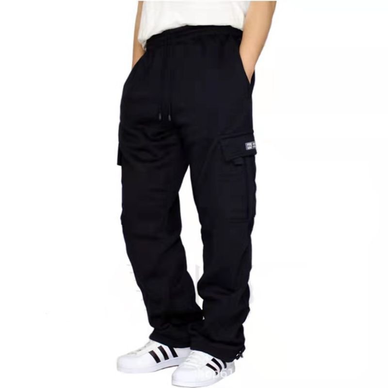 Men Autumn Winter Fashion Casual Athleisure Fleece Solid Color Plus Size Straight Cargo Pants