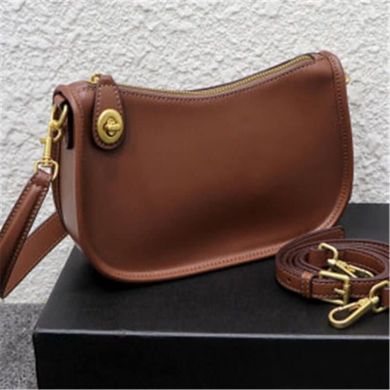 Women Fashion Solid Color Zipper Metal Decorative Genuine Leather Bag