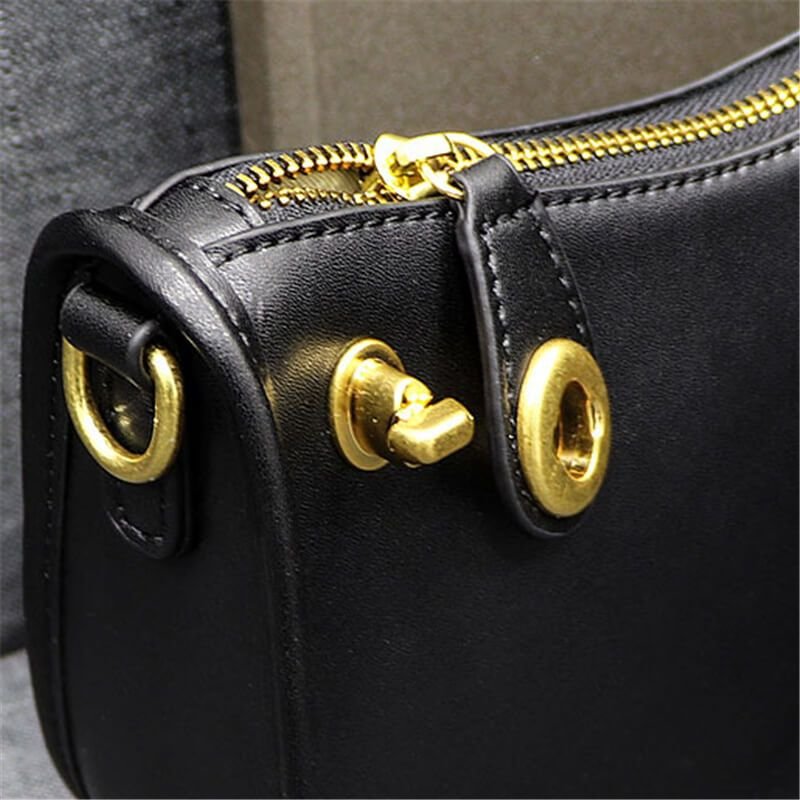 Women Fashion Solid Color Zipper Metal Decorative Genuine Leather Bag