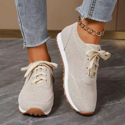 Women Casual Plus Size Solid Color Round Toe Flat Lace-Up Sneaker