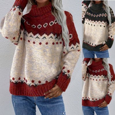 Autumn Winter Women Fashion Christmas Jacquard Knitted Round Neck Long Sleeve Sweater