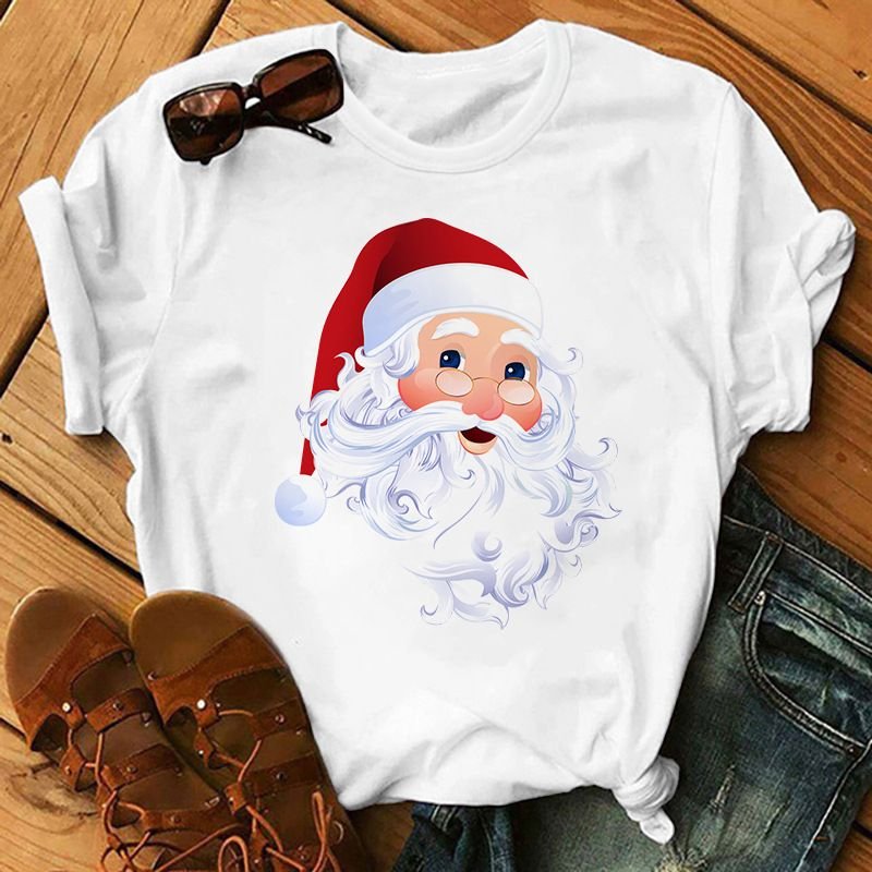 Summer Women Fashion Cartoon Christmas Snowman Santa Claus Print Round Neck Short Sleeve T-Shirt