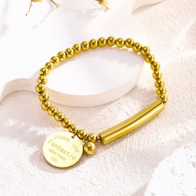 Women Simple Fashion Round Letter Beaded Titanium Steel Bracelet