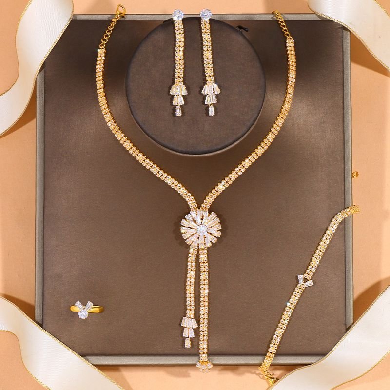 Women Fashion Simple Floral Zircon Necklace Earrings Bracelet Ring Jewelry Set