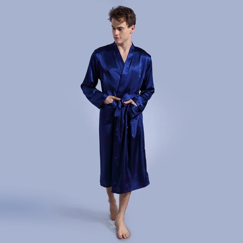 S-2XL Men Fashion Plus Size Solid Color Long Sleeve Cardigan Nightgown