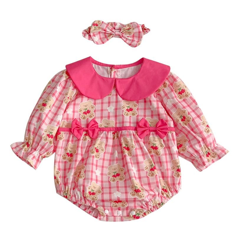 Kids Baby Girls Casual Cute Carto Bear Plaid Print Long Sleeve Peter Pan Collar Romper